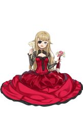 Rule 34 | 1girl, ;d, blonde hair, blue eyes, bottle, breasts, circle skirt, cleavage, dress, eyepatch, flower, full body, hand up, highres, long hair, looking at viewer, official art, one eye closed, open mouth, princess (princess principal), princess principal, princess principal game of mission, red dress, small breasts, smile, solo, transparent background