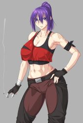 Rule 34 | 1girl, abs, blue eyes, breasts, cigarette, clenched teeth, fingerless gloves, gloves, grey background, highres, large breasts, looking at viewer, muscular, muscular female, navel, original, ozaneko, ponytail, purple hair, solo, teeth, zoids