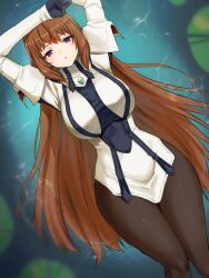 Rule 34 | 1girl, afloat, arms up, blue eyes, breasts, dated, elhaym van houten, gloves, highres, large breasts, lily pad, long hair, looking at viewer, open mouth, orange hair, pantyhose, parted lips, simple background, solo, uniform, very long hair, water, xenogears, yamamori kinako