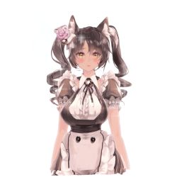 Rule 34 | animal ears, apron, bell, black hair, breasts, cat ears, destiny child, flower, frills, hair flower, hair ornament, large breasts, looking at viewer, maid, maid apron, maid headdress, ribbon, serket (destiny child), transparent background, twintails, yellow eyes