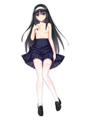 Rule 34 | 00s, 1girl, allenes, black hair, blue eyes, blush, breasts, full body, hairband, highres, loafers, long hair, looking at viewer, nipples, pleated skirt, school uniform, shoes, simple background, skirt, small breasts, solo, thighhighs, tohno akiha, topless, tsukihime, white background, white thighhighs