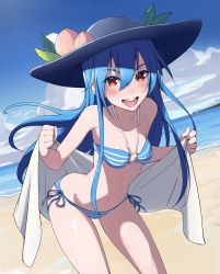 Rule 34 | 1girl, :d, bare shoulders, beach, bent over, bikini, black headwear, blue bikini, blue hair, blue sky, blush, breasts, collarbone, colored eyelashes, commentary request, day, feet out of frame, fruit hat ornament, hair between eyes, highres, hinanawi tenshi, holding, holding towel, leaf hat ornament, long hair, looking at viewer, lower teeth only, navel, nose, o-ring, o-ring top, ocean, open mouth, outdoors, peach hat ornament, red eyes, shiny skin, sidelocks, sky, small breasts, smile, solo, standing, stomach, striped bikini, striped clothes, swimsuit, teeth, thighs, tongue, touhou, towel, upper teeth only, water, yoshinatsu