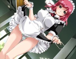 Rule 34 | 00s, 1girl, apron, bare legs, black dress, black eyes, blue panties, blush, boin, boin lecture, breasts, ceiling, ceiling light, closed mouth, clothes lift, day, dress, dress lift, dutch angle, facing viewer, female focus, frilled apron, frilled skirt, frills, game cg, green eyes, half-closed eyes, happoubi jin, happy, headdress, heart, heart panties, heart print, iihara nao, indoors, large breasts, legs, long hair, looking at viewer, looking down, maid, maid apron, maid headdress, panties, pantyshot, pink hair, presenting, print panties, red hair, ribbon, room, short sleeves, skirt, skirt lift, smile, solo, standing, thigh gap, thighs, underwear, upskirt, window, wrist cuffs