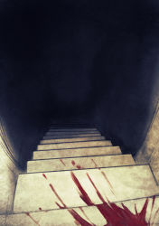 Rule 34 | absurdres, blood, blood splatter, dark, highres, original, ruu bot, stairs, stairwell