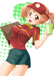 Rule 34 | 1girl, bad id, bad pixiv id, bow, bowtie, breasts, brown eyes, brown hair, drink, employee uniform, fast food uniform, hataraku maou-sama!, highres, impossible clothes, impossible shirt, large breasts, mcdonald&#039;s, miniskirt, pencil skirt, polo shirt, ryuc4883, sasaki chiho, shirt, short twintails, skirt, smile, solo, t-shirt, tray, twintails, uniform, visor cap