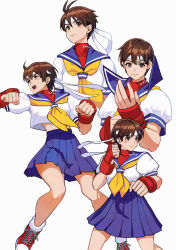 1girl blue_sailor_collar blue_skirt brown_eyes brown_hair fighting_stance fingerless_gloves gloves headband highres kasugano_sakura multiple_views neckerchief padded_gloves pleated_skirt red_shoes sailor_collar school_uniform serafuku shoes short_hair skirt street_fighter street_fighter_zero_(series) user_ahsg4455 yellow_neckerchief yukinoshinf