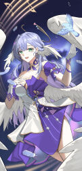 Rule 34 | 1girl, absurdres, aqua eyes, asymmetrical gloves, bare shoulders, bird, blue bird, bracelet, breasts, cleavage, detached sleeves, dress, earrings, facial mark, falling feathers, feathers, gloves, hair between eyes, halo, hand on own chest, hand up, head wings, highres, honkai: star rail, honkai (series), jewelry, long hair, looking at viewer, musical note, open mouth, pigpotato, purple dress, purple hair, robin (honkai: star rail), short sleeves, single earring, smile, solo, two-tone dress, uneven gloves, white dress, white feathers, white gloves, white wings, wings