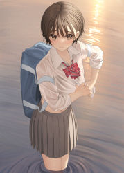Rule 34 | 1girl, bag, black bra, bow, bra, brown eyes, brown hair, brown skirt, closed mouth, commentary request, diagonal-striped bow, highres, long sleeves, looking at viewer, mottsun (i 40y), original, outdoors, pleated skirt, red bow, school bag, school uniform, see-through, shirt, skirt, solo, standing, sunset, underwear, wading, water, wet, wet clothes, wet shirt, wringing clothes