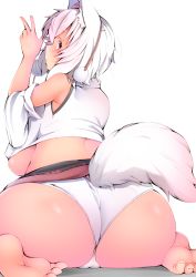 Rule 34 | 1girl, ass, breasts, crop top, highres, huge ass, huge breasts, inubashiri momiji, large breasts, looking at viewer, looking back, microskirt, panties, plump, shishi juuroku, short hair, simple background, sitting, skirt, solo, thick eyebrows, thick thighs, thighs, touhou, underboob, underwear, wariza, white background, white hair, white panties