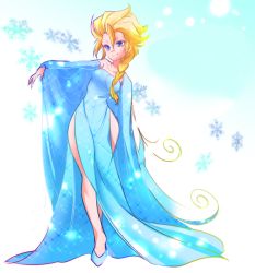 Rule 34 | 1girl, bad id, bad pixiv id, bare shoulders, blonde hair, blue dress, blue eyes, blue footwear, braid, breasts, detached sleeves, dress, elsa (frozen), frozen (disney), hair over shoulder, crossed legs, light smile, long hair, marimo (yousei ranbu), outstretched arm, shoes, side slit, single braid, small breasts, snowflakes, solo, standing, wide hips, wide sleeves