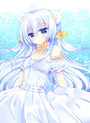 Rule 34 | 1girl, animal ears, bear ears, blue eyes, blue hair, blush, bow, closed mouth, commentary request, detached sleeves, dress, hair between eyes, hair bow, head tilt, light smile, long hair, looking at viewer, orange bow, original, pleated dress, puffy short sleeves, puffy sleeves, shikito (yawa0w0), short sleeves, silver dress, sleeveless, sleeveless dress, solo, star (symbol), very long hair