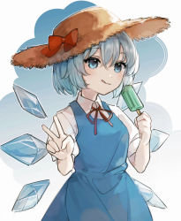 Rule 34 | 1girl, :q, blue dress, blue eyes, blue hair, blush, bow, breasts, cirno, closed mouth, collared shirt, cowboy shot, dress, fairy wings, food, hair between eyes, hat, hat bow, highres, ice, ice wings, light blue hair, long dress, looking at viewer, neck ribbon, pinafore dress, popsicle, puffy short sleeves, puffy sleeves, red bow, red ribbon, ribbon, shirt, short hair, short sleeves, sleeveless dress, small breasts, smile, solo, straw hat, tongue, tongue out, touhou, v, wavy hair, white shirt, wings, yuko (e1033528183)