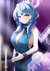 Rule 34 | 1girl, absurdres, ako (blue archive), ako (dress) (blue archive), bare shoulders, blue archive, blue dress, blue eyes, blue hair, blurry, blurry foreground, blush, breasts, cuffs, depth of field, dress, evening gown, halo, hand on own hip, highres, large breasts, looking at viewer, official alternate costume, ogat 0427, own hands together, shackles, sideboob, sideless dress, solo