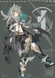 Rule 34 | 1girl, absurdres, animal ears, bandages, blush, character name, coat, floating, fox ears, grey hair, gun, hair strand, highres, holding, holding gun, holding weapon, jaana kettu, mechanical arms, mechanical legs, midriff, open clothes, open coat, original, prosthesis, prosthetic arm, prosthetic leg, scarf, short hair, simple background, single mechanical arm, solo, tail, turkeysand (fernandear 504), user interface, weapon, weapon request