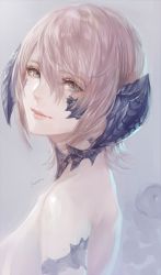 Rule 34 | 1girl, au ra, bad id, bad pixiv id, bare shoulders, blue eyes, closed mouth, dragon horns, final fantasy, final fantasy xiv, hair between eyes, horns, looking at viewer, pink hair, portrait, senano-yu, short hair, smile, solo, upper body