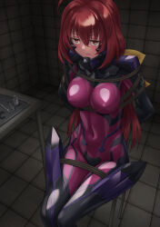 Rule 34 | 1girl, ahoge, arms behind back, bdsm, blush, bodysuit, bondage, bound, bound arms, bound legs, bound thighs, bound torso, bound wrists, bow, covered erect nipples, covered navel, fortified suit, frown, highres, impossible bodysuit, impossible clothes, kagami sumika, kurione (zassou), long hair, low ponytail, muv-luv, muv-luv alternative, pilot suit, pink bodysuit, red eyes, red hair, restrained, rope, shibari, skin tight, solo, sweat, tearing up, tied to chair, yellow bow