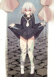 Rule 34 | 1girl, carrion1129, clothes lift, dress, highres, konno junko, lifted by self, low twintails, patchwork skin, rain, red eyes, sailor dress, skirt, skirt lift, solo, stitched leg, stitches, teruterubouzu, twintails, uniform, white hair, zombie, zombie land saga