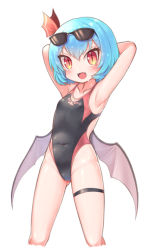 Rule 34 | 1girl, armpits, arms behind head, bat wings, black one-piece swimsuit, blue hair, commentary request, competition swimsuit, cowboy shot, eyewear on head, fangs, flat chest, harunoha, highleg, highleg swimsuit, looking at viewer, one-piece swimsuit, red eyes, remilia scarlet, short hair, simple background, slit pupils, smile, solo, sunglasses, swimsuit, touhou, white background, wings