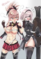 Rule 34 | 2girls, abs, alternate costume, black legwear, blue eyes, blush, boots, breasts, cosplay, fate/grand order, fate (series), i.f.s.f, kantai collection, large breasts, light purple hair, long hair, mash kyrielight, medium breasts, miyamoto musashi (fate), multiple girls, musashi (kancolle), musashi (kancolle) (cosplay), name connection, nier:automata, nier (series), open mouth, short hair, silver hair, thighhighs, thighhighs under boots, white background, 2b (nier:automata), 2b (nier:automata) (cosplay)