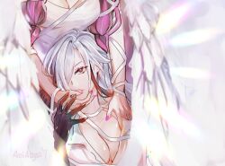 Rule 34 | 2girls, aoiabyss, arlecchino (genshin impact), breasts, cleavage, columbina (genshin impact), commentary request, dress, genshin impact, grey hair, highres, large breasts, long hair, looking at viewer, multiple girls, pink nails, purple hair, upper body, white dress