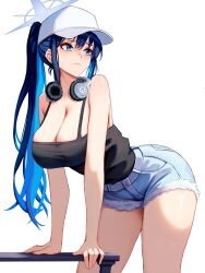 Rule 34 | 1girl, arm support, baseball cap, bent over, black hair, black tank top, blue archive, blue eyes, blue hair, breasts, cleavage, closed mouth, commentary, denim, denim shorts, halo, hat, headphones, headphones around neck, highres, large breasts, long hair, looking to the side, multicolored hair, ponytail, saori (blue archive), saori (swimsuit) (blue archive), shorts, sidelocks, solo, tank top, two-tone hair, white background, white hat, yan kodiac