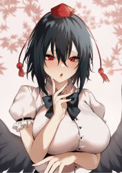 Rule 34 | 1girl, autumn leaves, bird wings, black neckwear, black ribbon, black wings, blurry, blurry background, blush, breast hold, breasts, buttons, collared shirt, commentary request, danimaru, feathered wings, fingernails, furrowed brow, hair between eyes, hat, highres, large breasts, looking at viewer, open mouth, puffy short sleeves, puffy sleeves, red eyes, ribbon, shameimaru aya, shirt, short hair, short sleeves, sidelocks, solo, standing, tokin hat, touhou, upper body, wing collar, wings