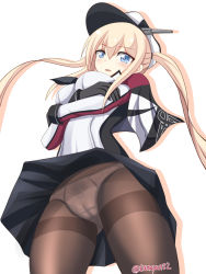 Rule 34 | 10s, 1girl, blonde hair, blue eyes, blush, breast hold, breasts, cameltoe, capelet, cleft of venus, from below, graf zeppelin (kancolle), hat, highres, kantai collection, looking at viewer, open mouth, panties, panties under pantyhose, pantyhose, pantyshot, peaked cap, skirt, solo, standing, tamayan, twintails, underwear
