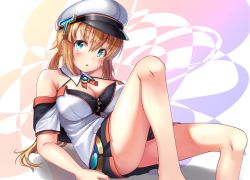 Rule 34 | 1girl, aqua eyes, bare shoulders, blush, breasts, brown hair, cleavage, copyright request, detached sleeves, hat, large breasts, long hair, open mouth, sitting, soba chatarou (tita), solo