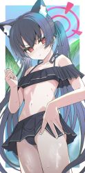 Rule 34 | 1girl, animal ear fluff, animal ears, bare arms, bare legs, bare shoulders, bikini, black bikini, black hair, blue archive, blush, breasts, cat ears, closed mouth, cowboy shot, extra ears, frilled bikini, frills, halo, highres, izuoku, long hair, looking at viewer, official alternate costume, red eyes, red halo, serika (blue archive), serika (swimsuit) (blue archive), small breasts, solo, swimsuit, twintails