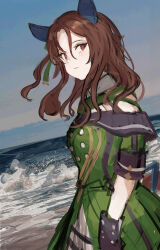Rule 34 | 1girl, animal ears, bare shoulders, beach, black gloves, blue sky, bow, breasts, brown hair, buttons, commentary request, double-breasted, dress, ear bow, ear covers, gloves, green bow, green dress, hair between eyes, highres, horse ears, horse girl, horse tail, king halo (umamusume), medium breasts, medium hair, ocean, one eye closed, outdoors, red eyes, siena (moratoriummaga), sky, solo, tail, umamusume, water