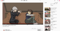 Rule 34 | 2girls, alternate costume, alternate universe, black suit, blue shirt, casual, commentary request, couch, fake screenshot, formal, girls und panzer, green pants, grey hair, multiple girls, aged up, pants, ponytail, run the 9tails, shirt, shirt under shirt, sitting, suit, translation request, youtube, youtube logo