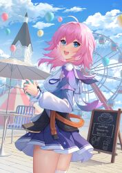 Rule 34 | 1girl, absurdres, ahoge, balloon, black corset, blue eyes, blue jacket, blue skirt, blue sky, breasts, camera, chair, chalkboard, chinese commentary, cloud, cloudy sky, corset, cowboy shot, ferris wheel, flower ornament, from side, gradient jacket, highres, holding, holding camera, honkai: star rail, honkai (series), jacket, long sleeves, march 7th (honkai: star rail), medium breasts, medium hair, menu board, miniskirt, open mouth, pink hair, pink jacket, pleated skirt, shirt, skirt, sky, smile, solo, table, teeth, thigh strap, underbust, upper teeth only, wa (user snch2757), white shirt