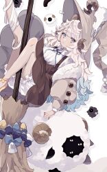 Rule 34 | 1girl, absurdres, blue eyes, blue ribbon, brown dress, brown hat, dress, hat, highres, horns, jikuno, leg up, looking at viewer, neck ribbon, original, ribbon, shorts, solo, white hair, white shorts, witch hat