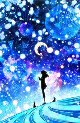 Rule 34 | 1girl, absurdres, blue theme, commentary, constellation, crescent moon, hand up, harada miyuki, highres, hololive, hoshimachi suisei, medium hair, moon, planet, planetarium, rabbit, silhouette, sky, solo, standing, star (sky), star (symbol), starry sky, triangle, virtual youtuber, wide shot