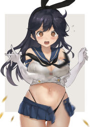 Rule 34 | 1girl, ahoge, animal ears, bare shoulders, black hair, black hairband, black neckerchief, black panties, blue sailor collar, blue skirt, blush, border, bra, breasts, brown eyes, bursting breasts, buttons, cleavage, commission, cosplay, cowboy shot, crop top, d:, double-breasted, elbow gloves, facing viewer, fake animal ears, flying button, flying sweatdrops, gloves, gluteal fold, grey background, hairband, highleg, highleg panties, kantai collection, large breasts, long hair, looking down, microskirt, midriff, miniskirt, motion blur, navel, neckerchief, nervous, open mouth, outside border, panties, popped button, rabbit ears, sailor collar, shimakaze (kancolle), shimakaze (kancolle) (cosplay), simple background, skeb commission, skirt, solo, surprised arms, sweat, taut clothes, thigh gap, thighs, thong, toka (marchlizard), underwear, ushio (kancolle), wardrobe malfunction, wavy mouth, whale tail (clothing), white background, white bra, white gloves