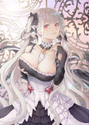 Rule 34 | 1girl, absurdres, azur lane, between breasts, bibimbub, blunt bangs, breasts, choker, cleavage, detached collar, dress, earrings, fingernails, flight deck, formidable (azur lane), frilled dress, frilled ribbon, frills, glint, hair between eyes, hand on own chest, highres, jewelry, large breasts, lightning, long fingernails, long hair, looking at viewer, platinum blonde hair, red eyes, ribbon, rigging, smile, solo, stud earrings, twintails, two-tone dress, two-tone ribbon, very long hair