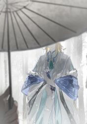 1boy absurdres blue_gemstone blue_shirt buddha&#039;s_temptation_(the_tale_of_food) chinese_clothes cihe185404 closed_mouth coat covered_eyes fur_trim gem green_gemstone highres holding holding_umbrella jewelry long_hair long_sidelocks male_focus mandarin_collar outdoors pov shirt sidelocks standing tassel the_tale_of_food tree umbrella white_coat