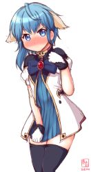 Rule 34 | 1girl, alternate costume, animal ears, artist logo, asymmetrical hair, black thighhighs, blue eyes, blue hair, blue ribbon, blush, brooch, cosplay, covering privates, covering crotch, dated, dress, embarrassed, extra ears, galaxy angel, gloves, hair between eyes, highres, jewelry, kanon (kurogane knights), kantai collection, look-alike, looking at viewer, minazuki (kancolle), mint blancmanche, mint blancmanche (cosplay), ribbon, short hair with long locks, short sleeves, simple background, solo, thighhighs, white background, white dress, white gloves