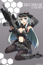 Rule 34 | ammunition pouch, armband, armpits, assault rifle, black-framed eyewear, black footwear, black gloves, blue eyes, blue hair, boots, breasts, cleavage, cleavage cutout, clothing cutout, cz-805, cz-805 (girls&#039; frontline), cz 805 bren, fingerless gloves, girls&#039; frontline, gloves, goggles, grenade launcher, grey skirt, gun, high heels, highres, long hair, medium breasts, midriff, navel, ndtwofives, open mouth, pantyhose, pouch, rifle, scope, sitting, skirt, solo, trigger discipline, twitter username, wariza, weapon