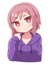 Rule 34 | 1girl, blush, breasts, brown eyes, brown hair, character request, closed mouth, collarbone, cropped torso, dragon, hand up, head tilt, highres, hood, hood down, hoodie, naga u, purple hoodie, shoujo jigoku no doku musume, simple background, sleeves past wrists, small breasts, smile, solo, thick eyebrows, upper body, white background
