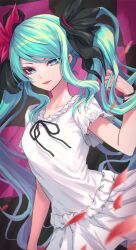 Rule 34 | 1girl, :d, arm at side, black bow, black ribbon, blue eyes, blue hair, bow, bracelet, checkered background, collarbone, cowboy shot, falling petals, hair bow, hand up, hatsune miku, highres, jewelry, long hair, looking at viewer, miniskirt, neck ribbon, open mouth, petals, pleated skirt, re (re 09), red bow, ribbon, shirt, short sleeves, sidelocks, skirt, smile, solo, swept bangs, twintails, very long hair, vocaloid, white shirt, white skirt, world is mine (vocaloid)