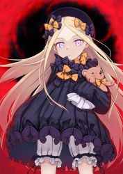 Rule 34 | 1girl, abigail williams (fate), black bow, black dress, black hat, blonde hair, bloomers, bow, bug, butterfly, commentary request, cowboy shot, dress, fate/grand order, fate (series), hair bow, hands in opposite sleeves, hat, highres, hugging object, insect, ivan wang, long hair, long sleeves, looking at viewer, orange bow, parted bangs, parted lips, polka dot, polka dot bow, purple eyes, solo, stuffed animal, stuffed toy, teddy bear, underwear, very long hair, white bloomers