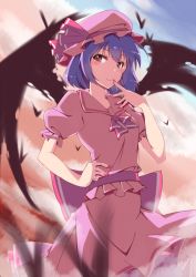 Rule 34 | 1girl, bat wings, blue hair, blush, dress, finger to mouth, frilled shirt, frilled sleeves, frills, hand on own hip, hat, hat ribbon, kameponde, looking at viewer, nail polish, pink nails, puffy short sleeves, puffy sleeves, purple eyes, purple hair, remilia scarlet, ribbon, shirt, short hair, short sleeves, solo, touhou, wings