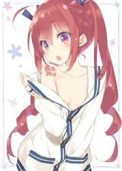 Rule 34 | 1girl, bare shoulders, blue ribbon, blush, body writing, breasts, chestnut mouth, collarbone, commentary request, fang, hair between eyes, hair ribbon, hand in pocket, hazuki watora, head tilt, kani biimu, long hair, long sleeves, looking at viewer, no bra, off shoulder, open mouth, original, purple eyes, red hair, ribbon, shirt, sidelocks, sleeves past wrists, small breasts, solo, twintails, undressing, very long hair, white background, white shirt
