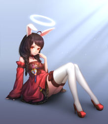Rule 34 | 1girl, ahoge, animal ears, arm support, bare shoulders, blue background, braid, brown eyes, brown hair, choker, closed mouth, commentary, detached sleeves, dress, elin, finger to mouth, floral print, from side, full body, hair over shoulder, halo, high heels, highres, knees together feet apart, light beam, looking at viewer, peachpa, rabbit ears, red dress, red footwear, shoes, sitting, sleeves past wrists, solo, strapless, strapless dress, tera online, thighhighs, twin braids, white thighhighs