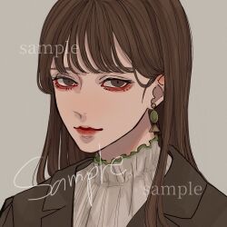 Rule 34 | 1girl, brown eyes, brown hair, brown jacket, closed mouth, commission, earrings, grey background, highres, jacket, jewelry, kagoya1219, lapels, long hair, looking at viewer, notched lapels, original, portrait, sample watermark, shirt, simple background, solo, straight hair, watermark, white shirt