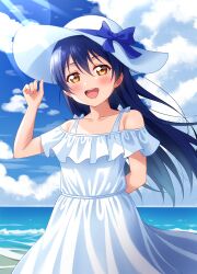 Rule 34 | 1girl, absurdres, arm behind back, bare arms, blue hair, blue sky, blush, cloud, day, dress, hair between eyes, hand on headwear, haruharo (haruharo 7315), hat, highres, long hair, looking at viewer, love live!, love live! school idol project, open mouth, outdoors, sky, sleeveless, sleeveless dress, smile, solo, sonoda umi, sundress, white dress, yellow eyes