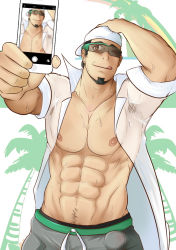 Rule 34 | 10s, 1boy, abs, baseball cap, brown eyes, brown hair, creatures (company), facial hair, game freak, glasses, hat, highres, kukui (pokemon), low ponytail, male focus, muscular, n!cholas, nintendo, nipples, pokemon, pokemon sm, solo, sunglasses, sweat, tongue, tongue out