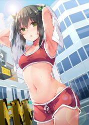 Rule 34 | 1girl, :o, armpits, arms up, belly, blush, breasts, building, city, cowboy shot, day, green eyes, green ribbon, hair ribbon, highres, hitoi, lens flare, looking at viewer, navel, open mouth, original, outdoors, red shorts, ribbon, short hair, short shorts, shorts, sidelocks, small breasts, solo, sports bra, steaming body, stomach, sweat, towel, two side up