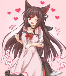 Rule 34 | 1girl, ;d, amagi (amagi626), animal ears, apron, black bow, black choker, blush, bow, breasts, brown hair, check translation, choker, cleavage, clenched hand, collarbone, commentary request, dress, fang, feet out of frame, frilled apron, frills, gradient background, hair between eyes, hair bow, head tilt, heart, heart apron, highres, imaizumi kagerou, large breasts, long hair, looking at viewer, one eye closed, open mouth, pink apron, pink background, red bow, red eyes, short sleeves, sidelocks, smile, solo, standing, tail, touhou, translation request, very long hair, white dress, wolf ears, wolf tail